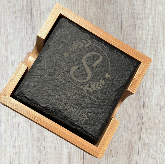 Family Name Slate Coasters with Bamboo Holder