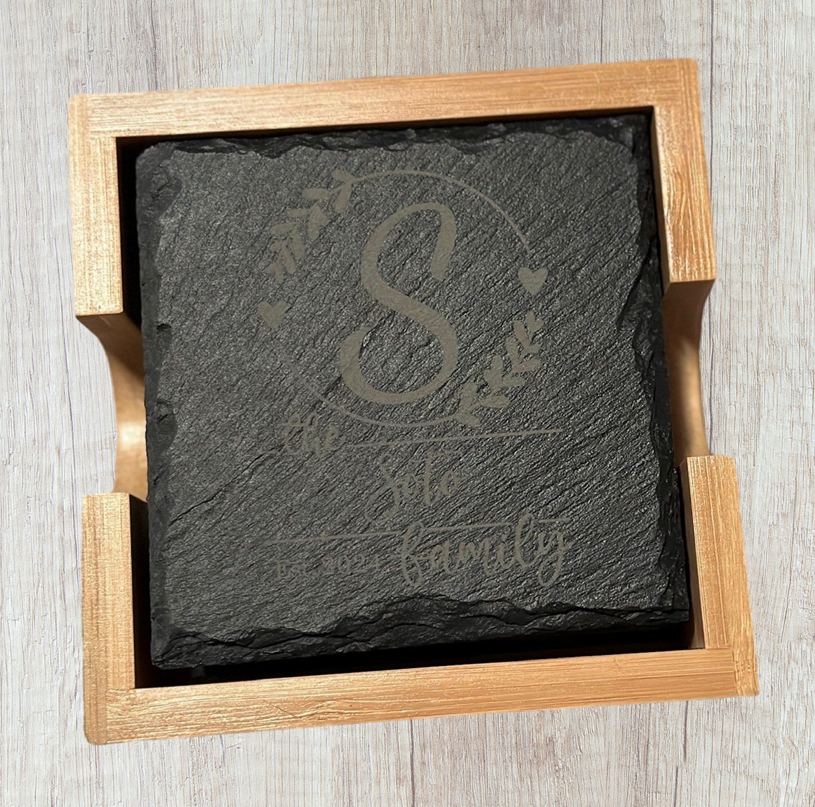 Family Name Slate Coasters with Bamboo Holder