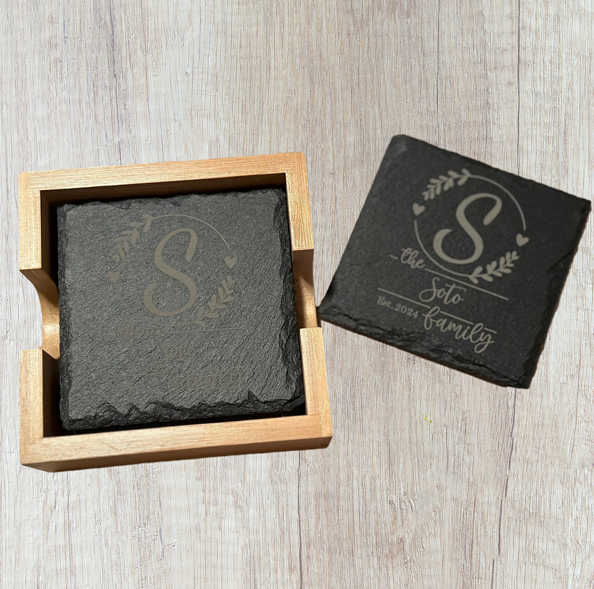 Family Name Slate Coasters with Bamboo Holder