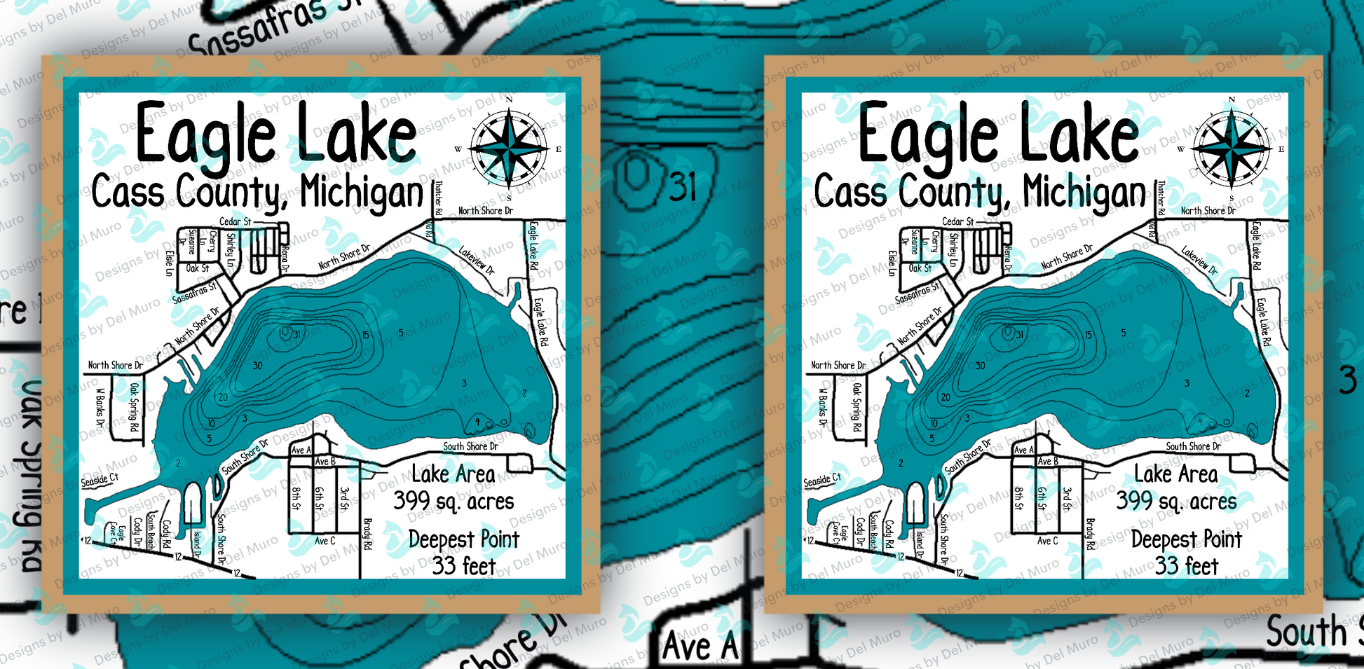 This custom designed 15oz Mug features our Eagle Lake double-sided design that details lake facts, lake depths, and the latest roads surrounding the lake.  Please note; image is watermarked. The Designs by Del Muro logo will not appear on the finished product.